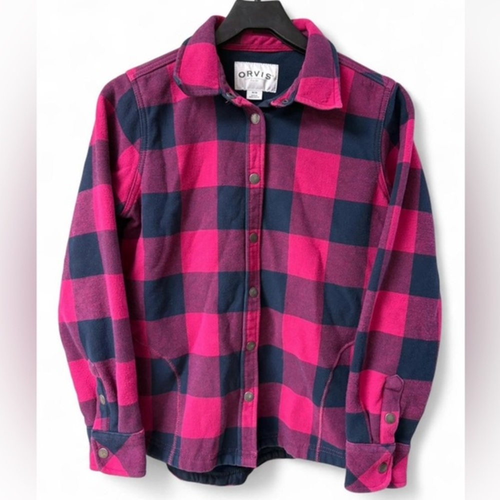 Women's Orvis Teton Fleece Lined Buffalo Check Flannel Shacket Medium Snap Down